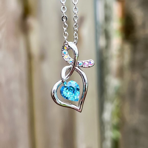 Boutique Jewelry - Silver Love Knot Heart Crystal Necklace Blue